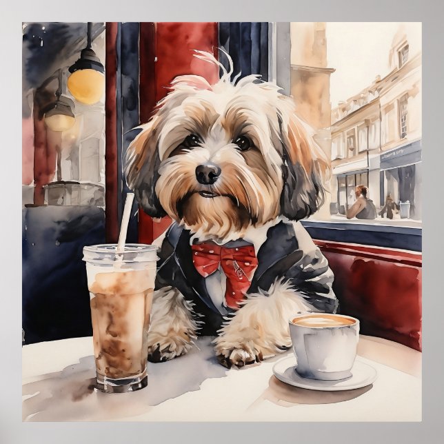 Affiche Chien Havanais buvant un Milkshake dans un café (Devant)