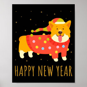 Affiche Chien heureux Corgi célébrant la nouvelle année No