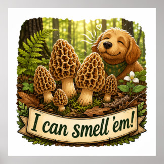 Affiche Chien heureux reniflant des morilles - Amour de la