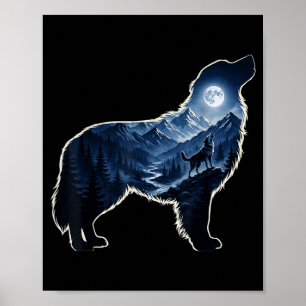 Affiche Chien hurlant forêt de montagne au clair de lune a