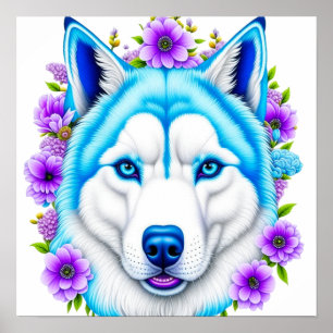 Affiche Chien Husky avec yeux et fleurs bleus