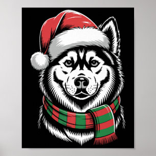 Affiche Chien Husky Sibérien Noël Chapeau Santa Écharpe de