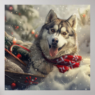 Affiche Chien Husky Sibérien Noël Fête