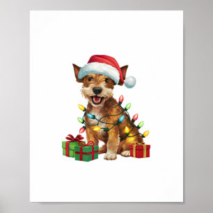 Affiche Chien Jagdterrier Chapeau de Père Noël Éclairage d