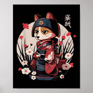 Affiche Chien japonais Samurai Tattoo Kawaii Ninja Chien