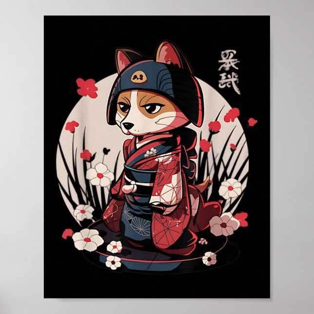 Affiche Chien japonais Samurai Tattoo Kawaii Ninja Chien (Devant)