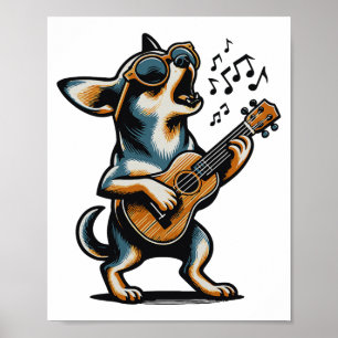 Affiche Chien Jouant de la Guitare Chantant Chihuahua Drôl