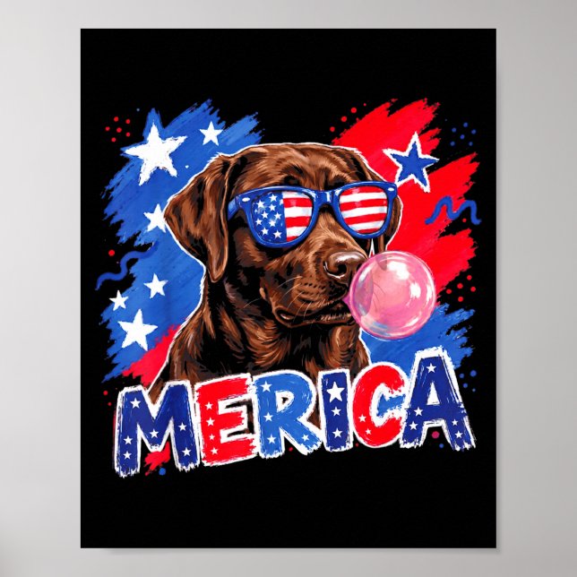Affiche Chien labrador bubble gum 14 juillet drapeau améri (Devant)