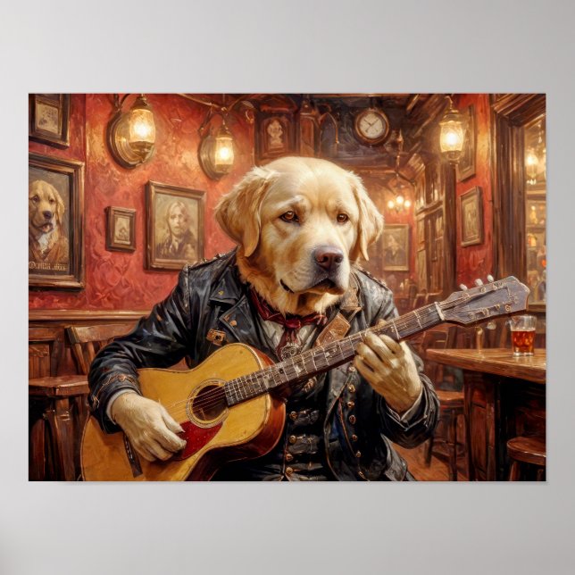 Affiche Chien Labrador en robe steampunk jouant de la guit (Devant)