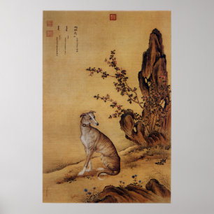 Affiche Chien Lévrier Chinois Vintage sous les Fleurs Art