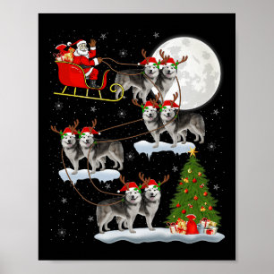 Affiche Chien Malamute d'Alaska Père Noël Traîneau Volant