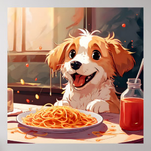 Affiche Chien mangeant spaghetti