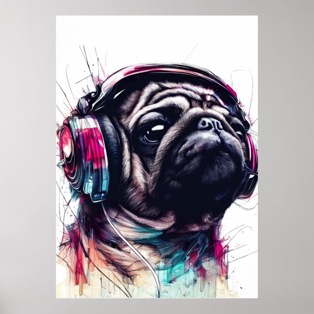 Affiche Chien mignon avec casque couleur d'eau illustratio (Devant)