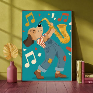 Affiche Chien Mignon Jouant du Saxophone Jazz Musique pour