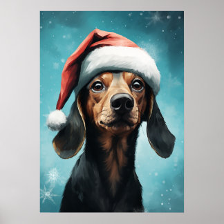 Affiche Chien mignon portant le chapeau du Père Noël Dachs