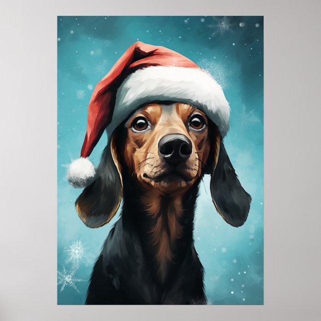 Affiche Chien mignon portant le chapeau du Père Noël Dachs (Devant)