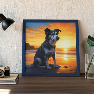 Affiche Chien mignon sur la plage au coucher du soleil