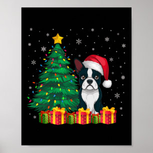 Affiche Chien moche Boston Terrier Santa Hat Noël Lumières