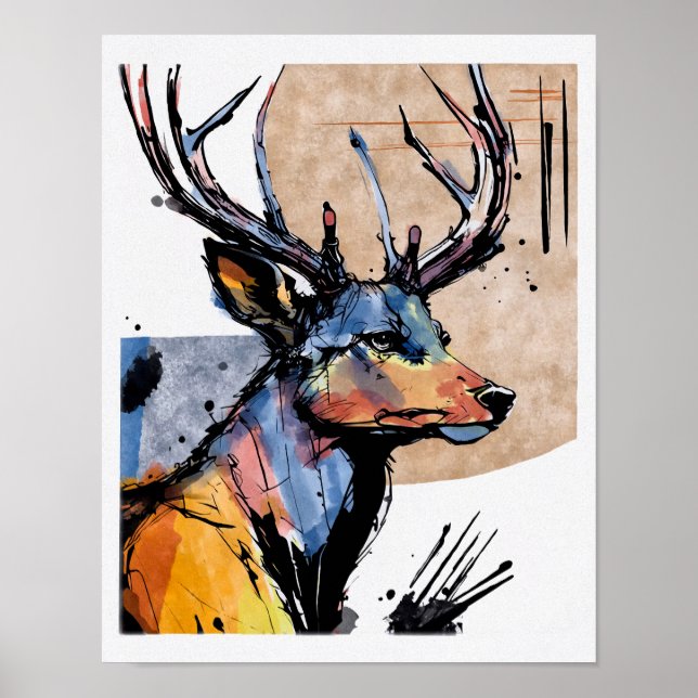 Affiche Chien moderne imprimé brun bleu cerf chasse campin (Devant)
