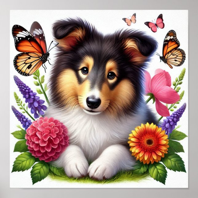 Affiche Chien-mouton Shetland avec fleurs et papillons (Devant)