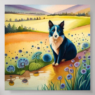 Affiche Chien noir et blanc dans le champ floral