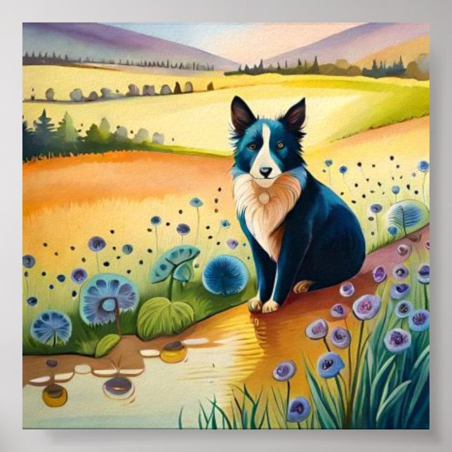 Affiche Chien noir et blanc dans le champ floral (Devant)