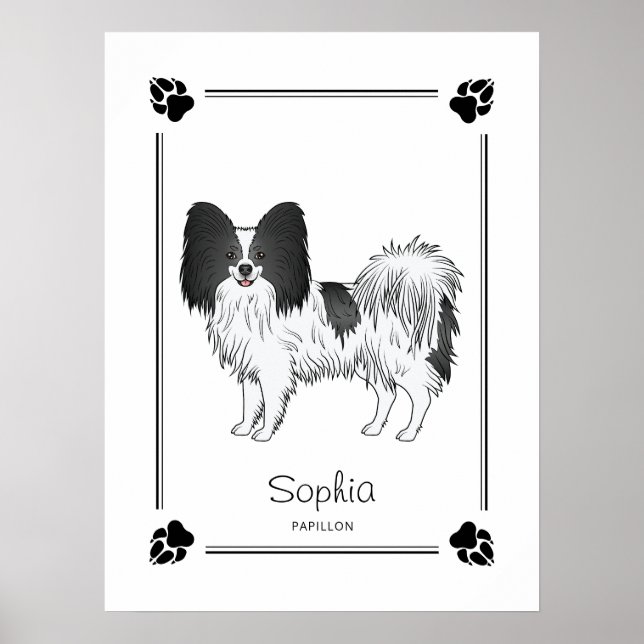 Affiche Chien Papillon Noir Et Blanc Avec Des Pattes Et Du (Devant)