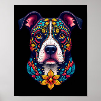 Affiche Chien Pitbull Crâne de Sucre Mexicain Dia De Muert