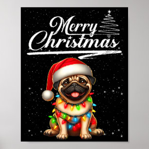 Affiche Chien Pug Drôle Lumières de Noël Chapeau de Père N