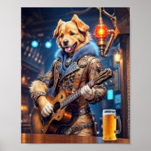 Affiche Chien retriever doré Steampunk avec guitare acoust