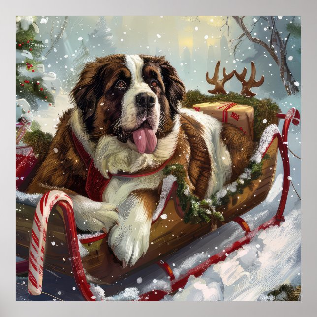 Affiche Chien Saint-Bernard Noël Festif  (Devant)