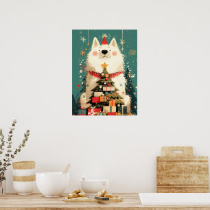 Affiche Chien Samoyède mignon avec les fêtes de Noël