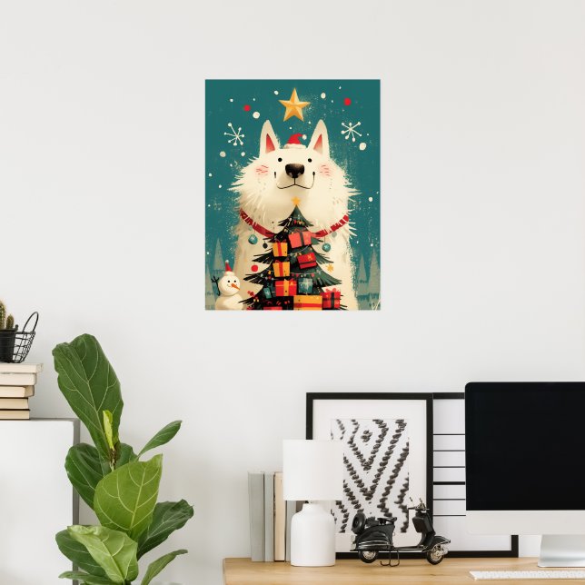 Affiche Chien Samoyède mignon avec Noël (Bureau à domicile)