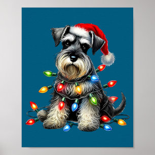 Affiche Chien Schnauzer Noël Chapeau Santa Xmas Lumière Fê