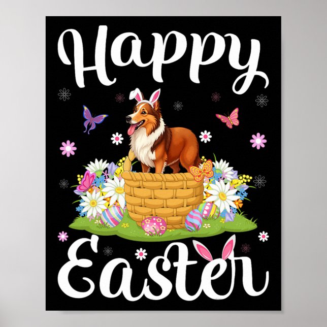 Affiche Chien Sheltie Joyeuses Pâques Chasse aux œufs Lapi (Devant)
