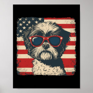 Affiche Chien Shih Tzu Drapeau États-Unis Patriotique Quat