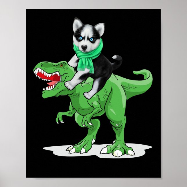 Affiche Chien sibérien Husky équitation Dinosaure Cool Hal (Devant)