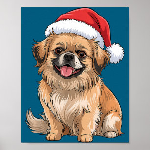 Affiche Chien Spaniel Tibétain Chapeau de Noël de Santa Ch