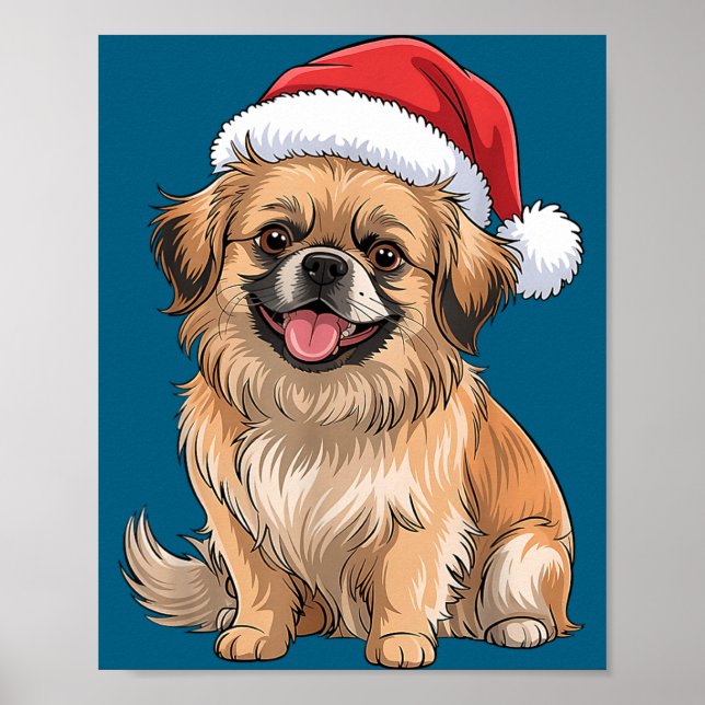 Affiche Chien Spaniel Tibétain Chapeau de Noël de Santa Ch (Devant)