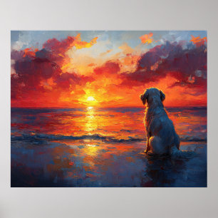 Affiche Chien sur la plage regardant le coucher du soleil