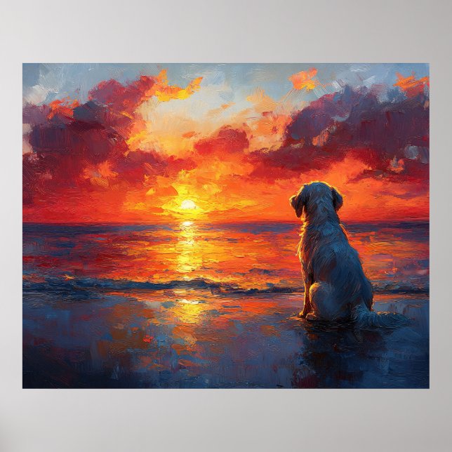 Affiche Chien sur la plage regardant le coucher du soleil (Devant)