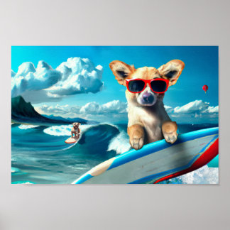 Affiche Chien sur le Surboard portant des lunettes de sole