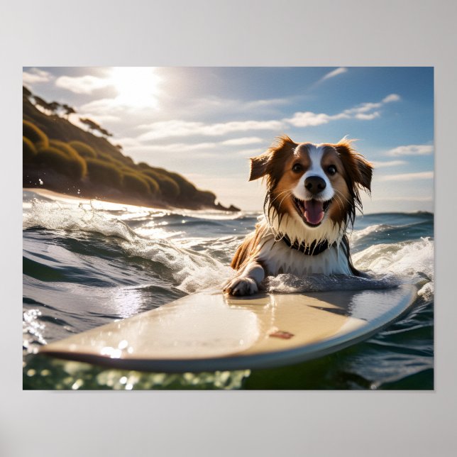 Affiche Chien sur planche de surf (Devant)