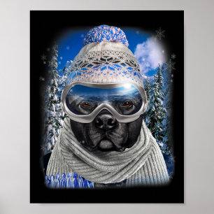 Affiche Chien Taureau Noir En Ski D'Hiver