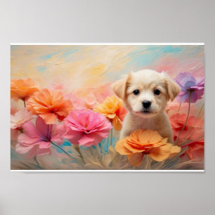 Affiche Chien téléchargeable entouré de fleurs pastel