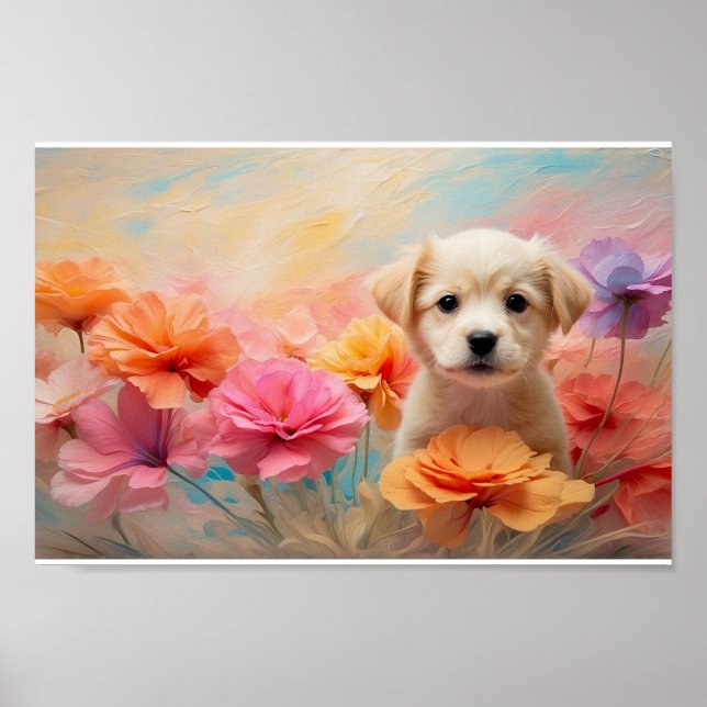 Affiche Chien téléchargeable entouré de fleurs pastel (Devant)