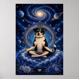 Affiche Chien tricolore méditant Mandala de yoga zen cosmi