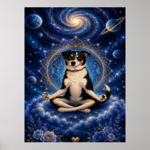 Affiche Chien tricolore méditant Mandala de yoga zen cosmi