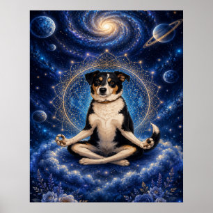 Affiche Chien tricolore méditant Mandala de yoga zen cosmi