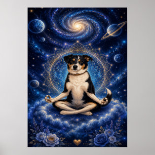 Affiche Chien tricolore méditant Mandala de yoga zen cosmi